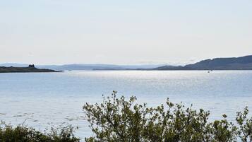 Un lago tranquilo con colinas a lo lejos y un cielo despejado.