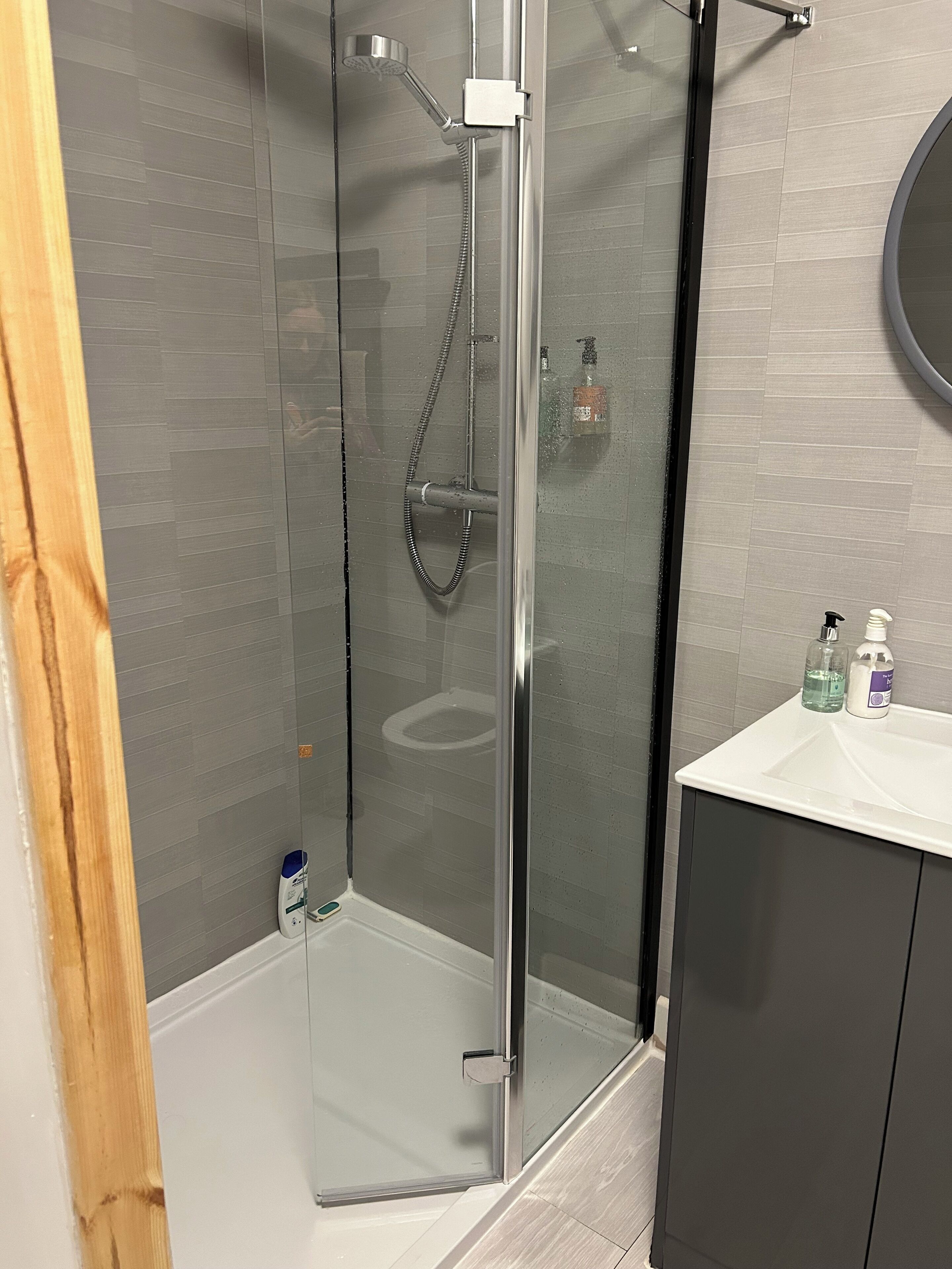 A modern bathroom with a glass shower enclosure, a white sink, and a mirror above it.