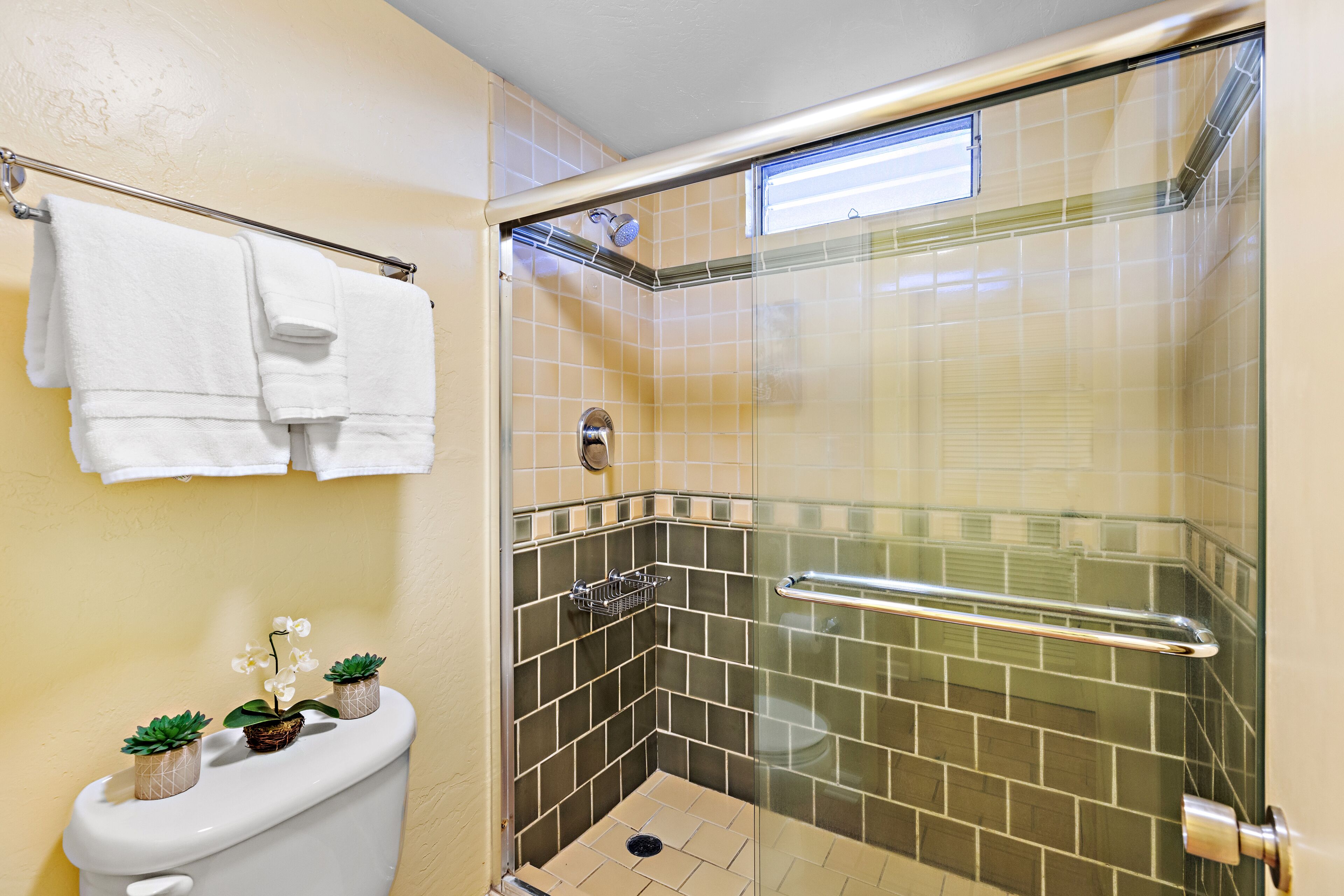 Combined shower/tub, hair dryer, towels
