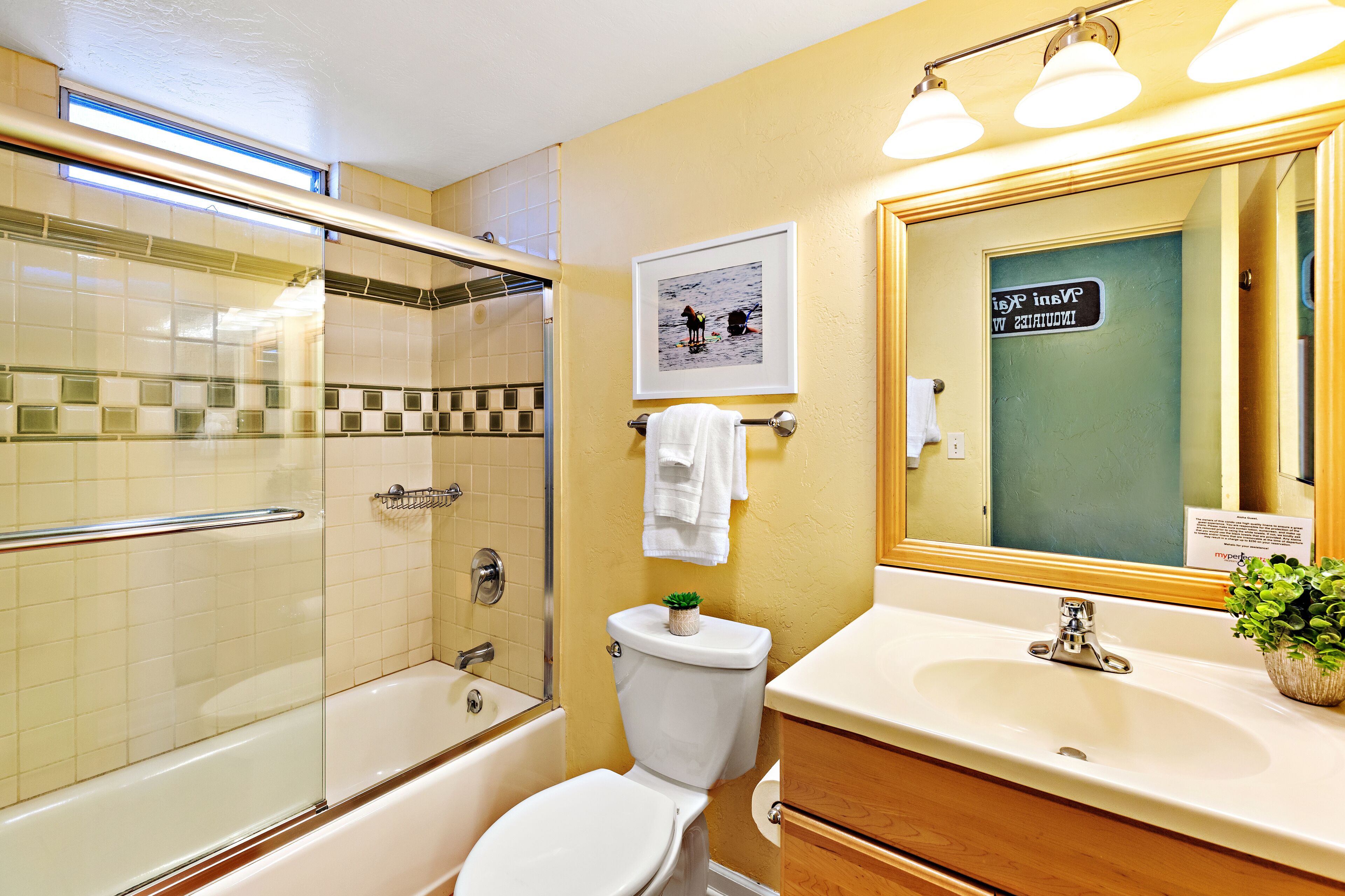 Combined shower/tub, hair dryer, towels