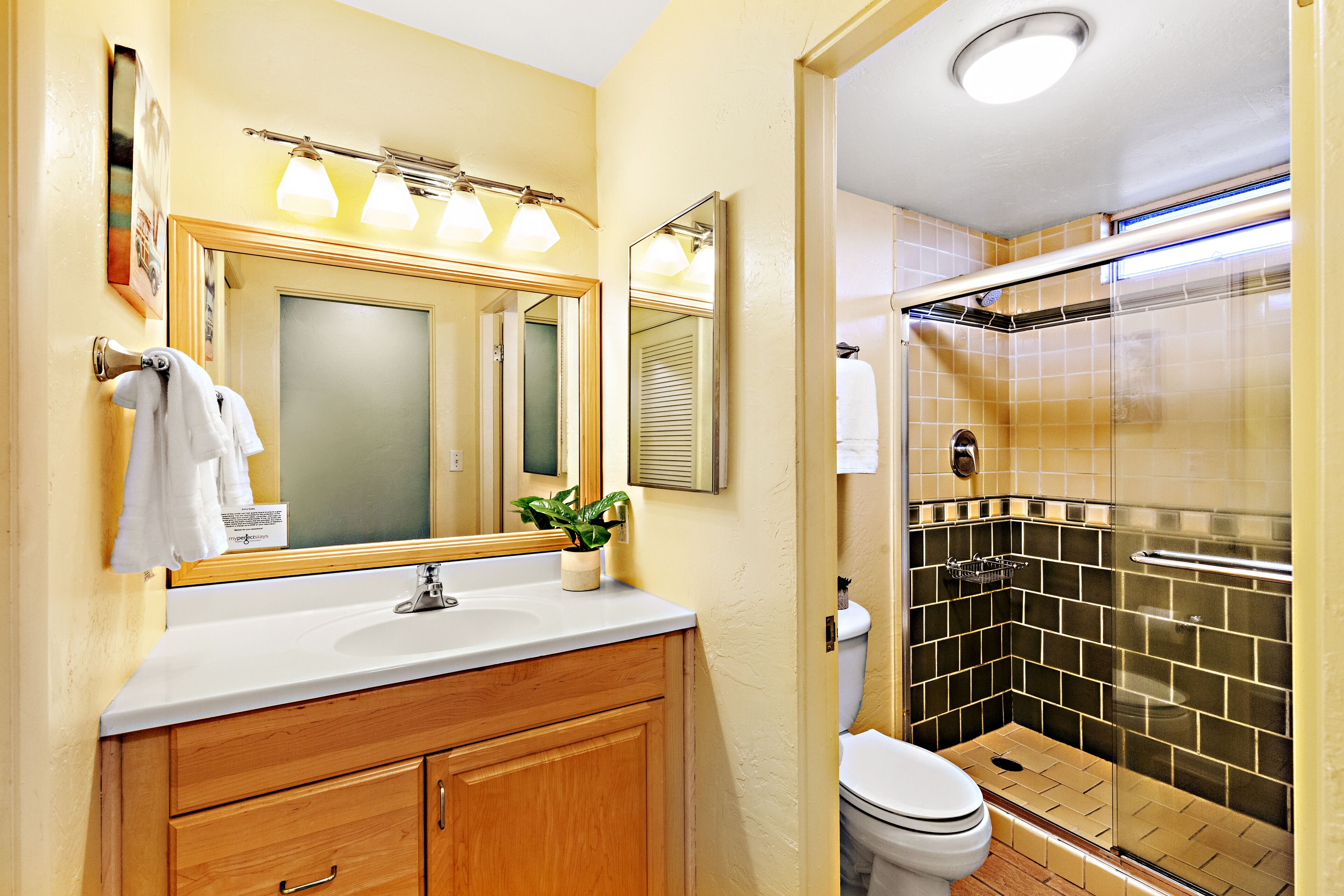 Combined shower/tub, hair dryer, towels