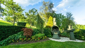 Een tuin met een stenen openhaard, weelderige begroeiing en een heldere lucht.