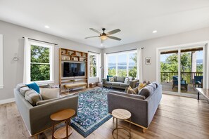TV, fireplace, books, offices