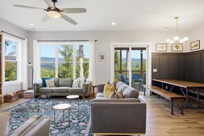 TV, fireplace, books, offices