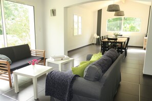 Smart TV, fireplace, books, video library