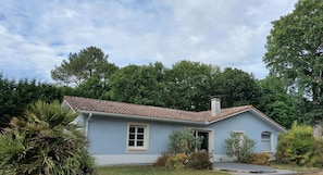 A light blue house with a tiled roof, surrounded by greenery and trees.