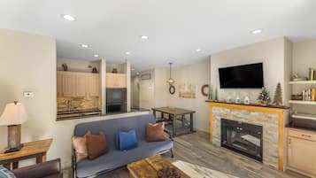 Smart TV, fireplace, video games, books