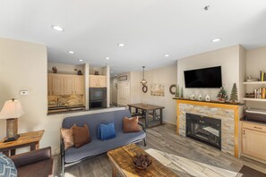 Smart TV, fireplace, video games, books