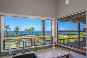 A kitchen with a large window overlooking a scenic view of palm trees and the ocean.