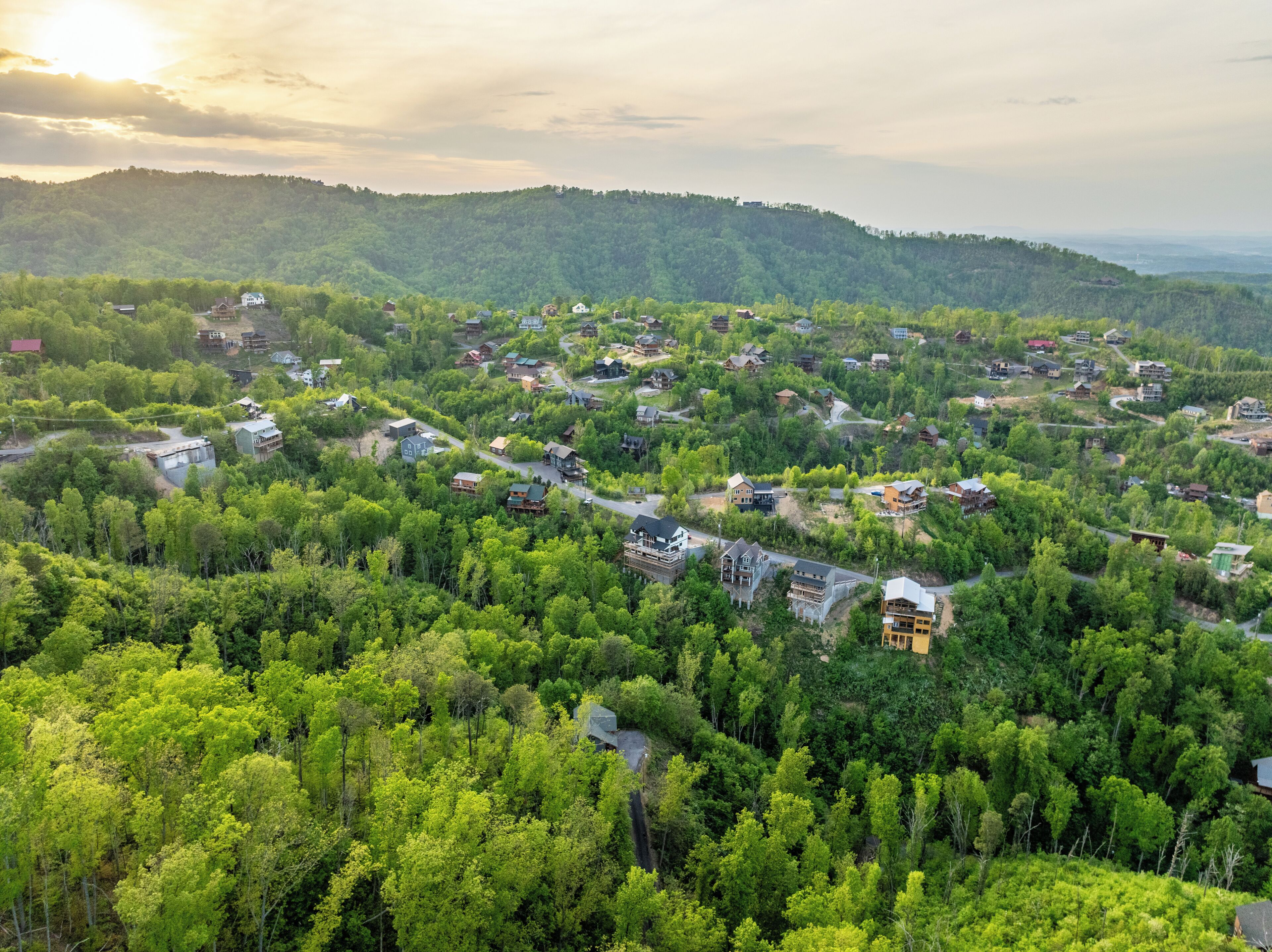 Ein Wohngebiet mit Häusern, umgeben von dichtem Wald, mit einer Mischung aus Reihen- und Mehrfamilienhäusern sowie einer kurvenreichen Straße, die die Grundstücke verbindet.