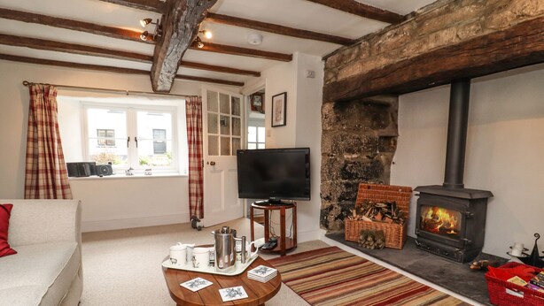Una sala de estar acogedora con chimenea de piedra, televisor y una mesa de centro con libros.