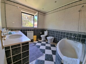 Bathtub, hair dryer, towels