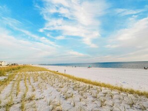 En strand med sand og græs.