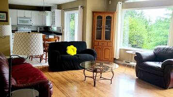 Un salon comprenant un canapé, un fauteuil et une table basse. On y trouve également un meuble en bois et une fenêtre donnant sur un paysage verdoyant.