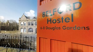 A hostel sign with the name "BELFORD Hostel" and address "6-8 Douglas Gardens". - Belford Hostel (Edinburgh)