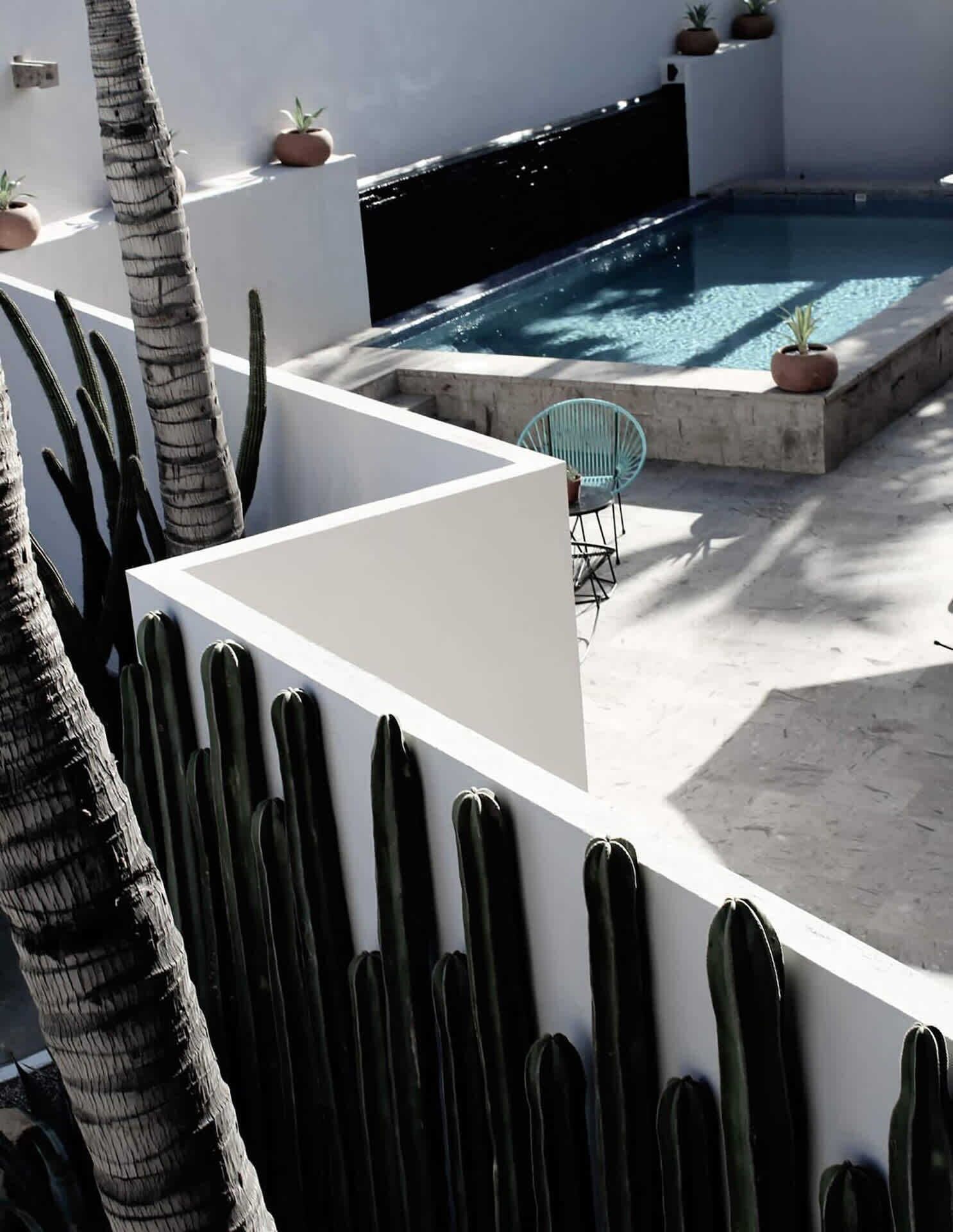 A modern outdoor pool area with a minimalist design, featuring a concrete pool, a seating area with a chair, and several potted plants.