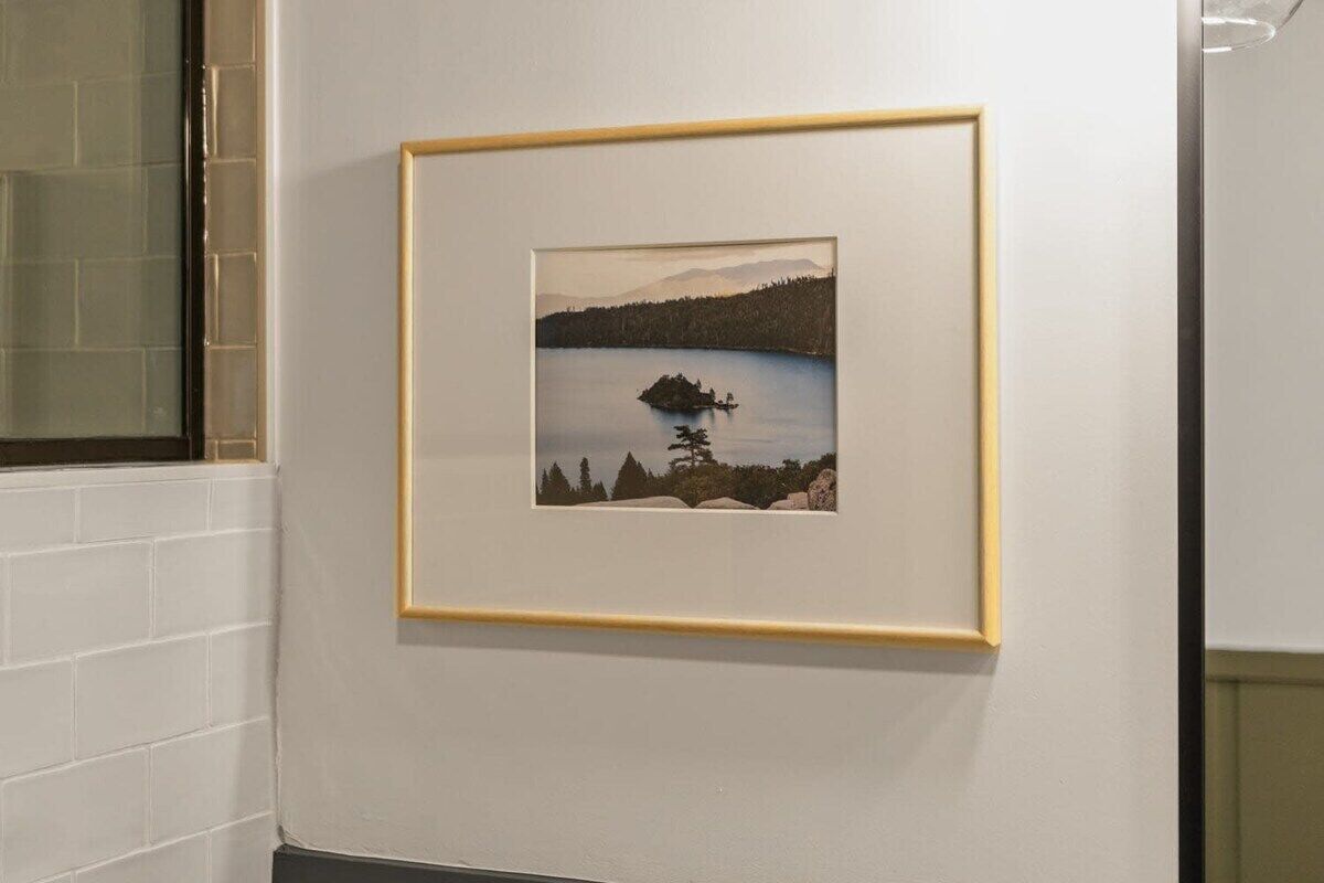 Un cuadro de paisaje enmarcadosobre una pared.
