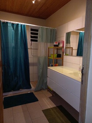 Dusche, Haartrockner, Handtücher, Toilettenpapier