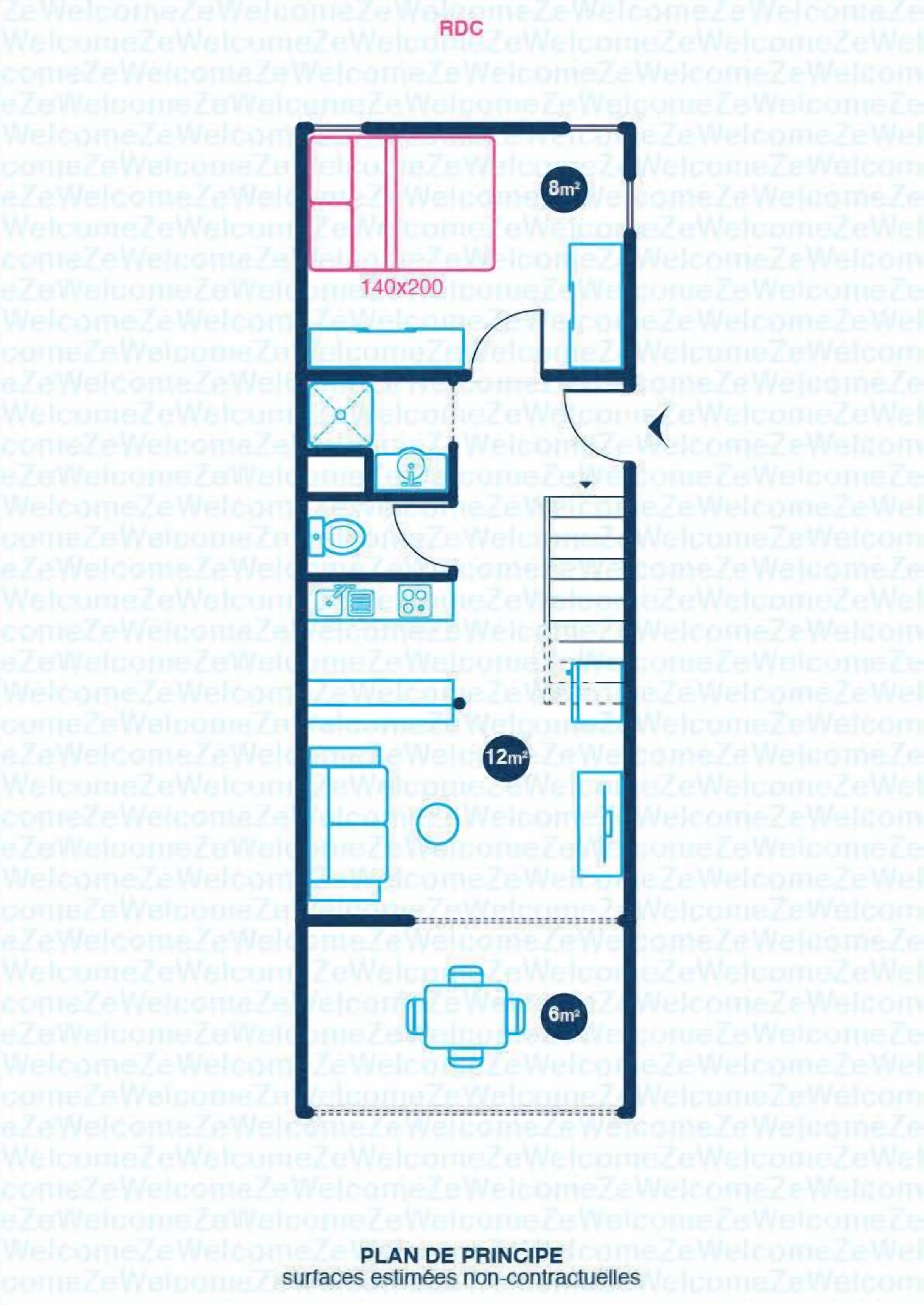 A floor plan of a hotel room with a 140x200 bed, a 12m2 living area, and a 6m2 bathroom.