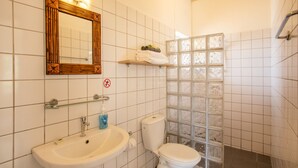 A bathroom with a sink, toilet, mirror, and a shower area with a glass door. - Apartment in the gated compound Jan Sofat near Jan Thiel Beach (Willemstad)