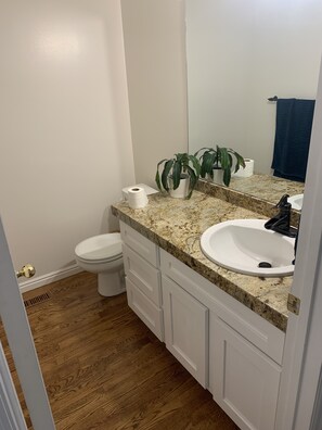 Tina con regadera, secadora de cabello, toallas, jabón 