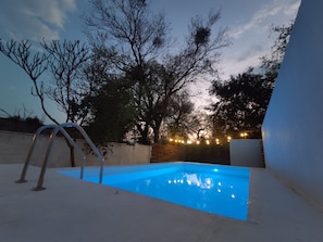 A swimming pool with a ladder, surrounded by trees and a brick wall. - Vacation Home with a Pool! Near the Media Luna Spring (Ciudad Fernández)