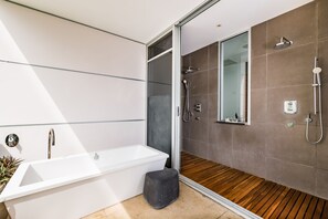 Bathtub, hair dryer, towels, soap