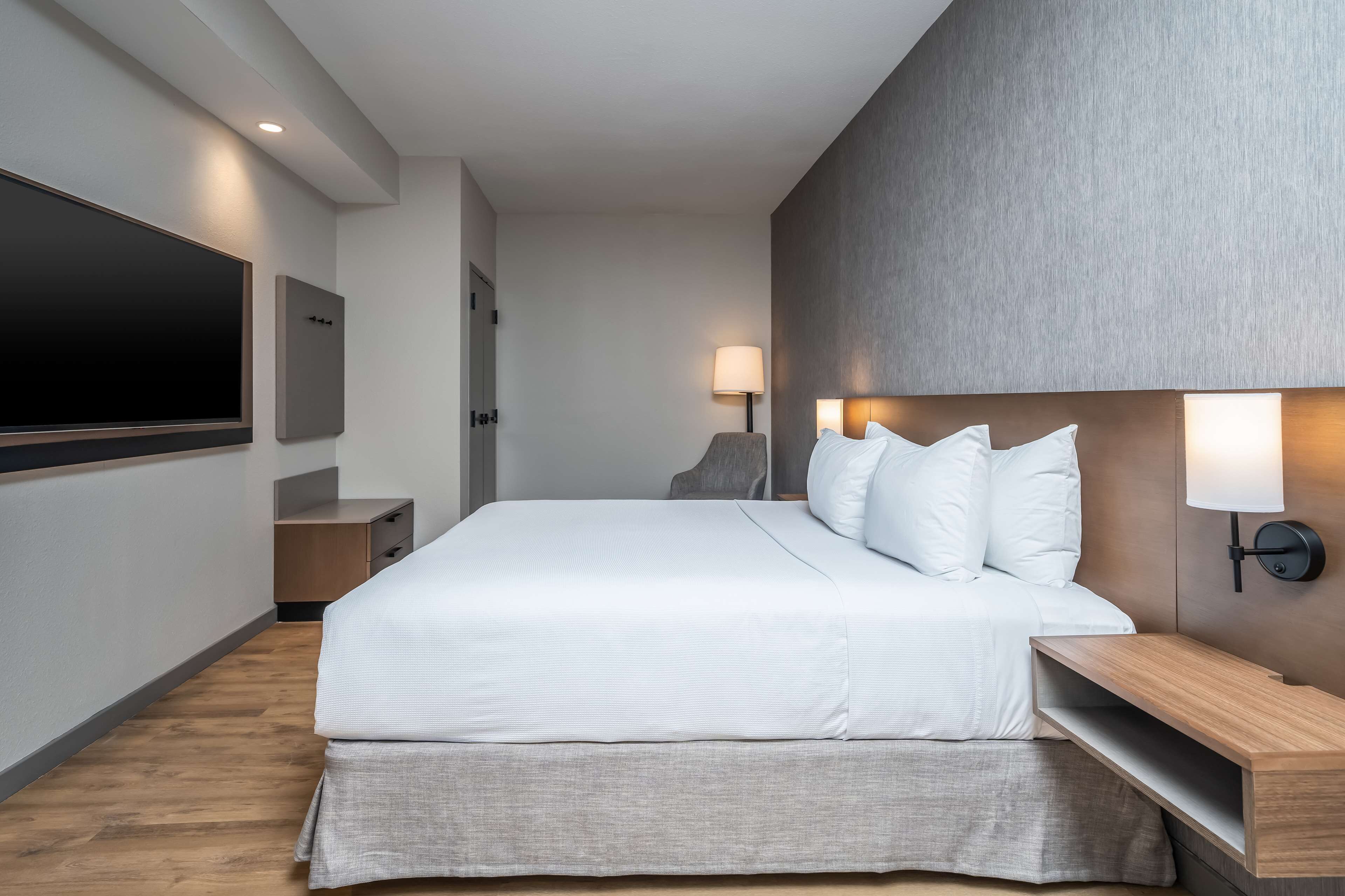 A modern hotel room with a large bed, a flat-screen TV, a bedside table, and a wall-mounted lamp.