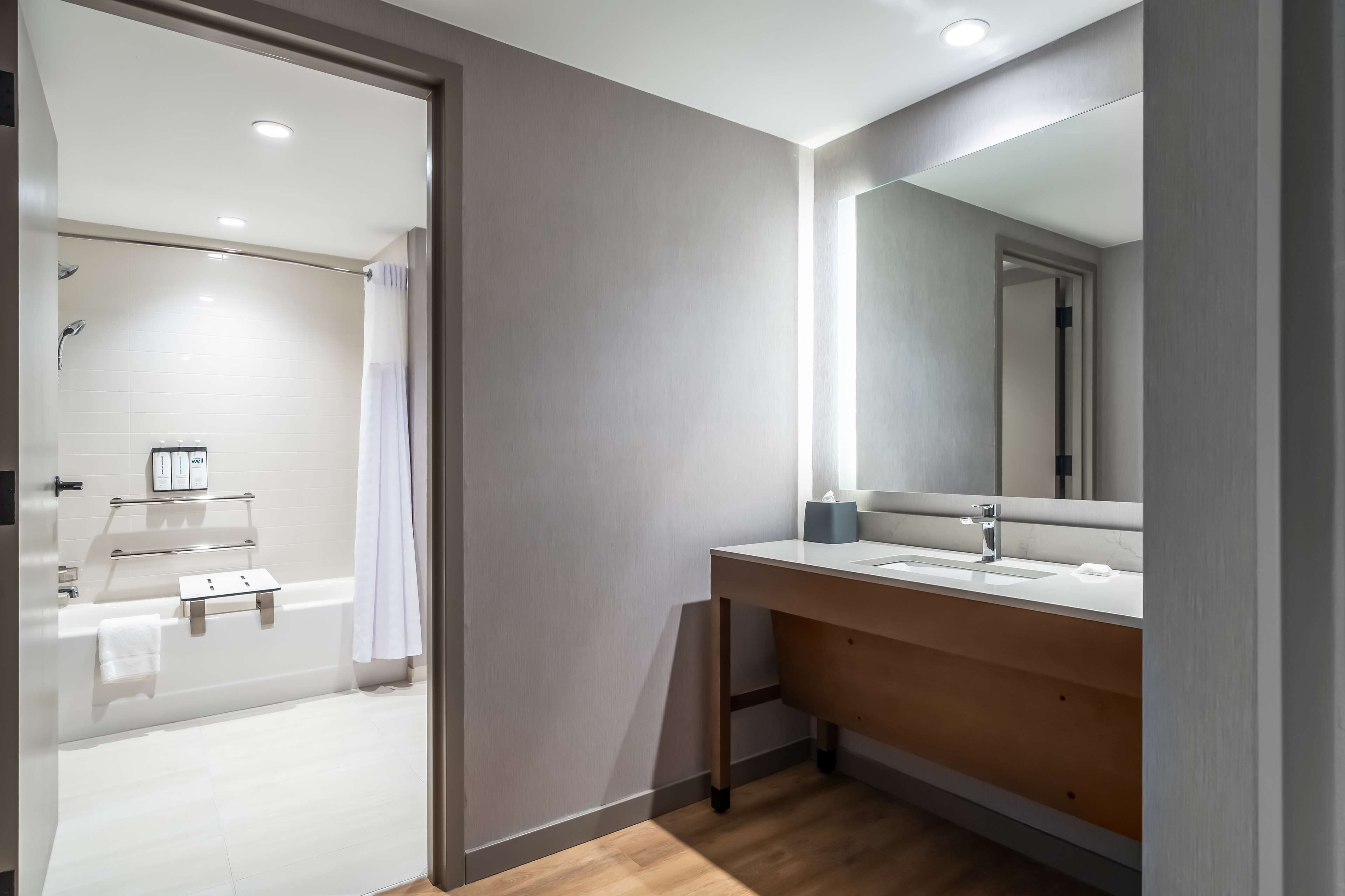 A modern bathroom with a shower, a sink, and a mirror.