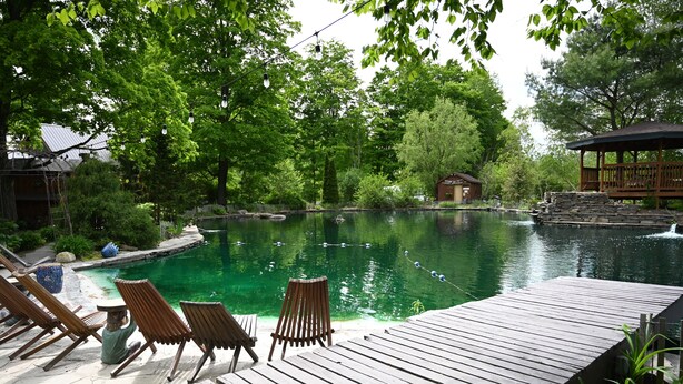 A wooden deck with lounge chairs overlooking a clear pool surrounded by lush greenery.