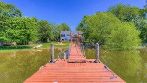 A wooden dock leading to a house by a calm lake, surrounded by lush greenery.