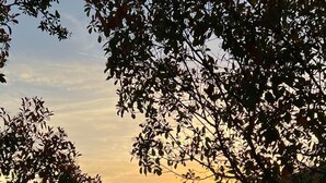 A gazebo with a view of a sunset over a hilly landscape.