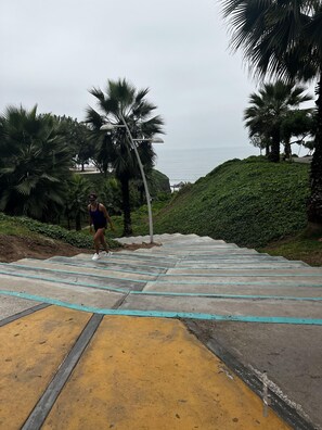 A person running on a concrete path with blue and yellow markings, surrounded by greenery and palm trees, leading to a view of the ocean.