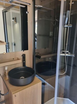 Shower, towels, soap, toilet paper