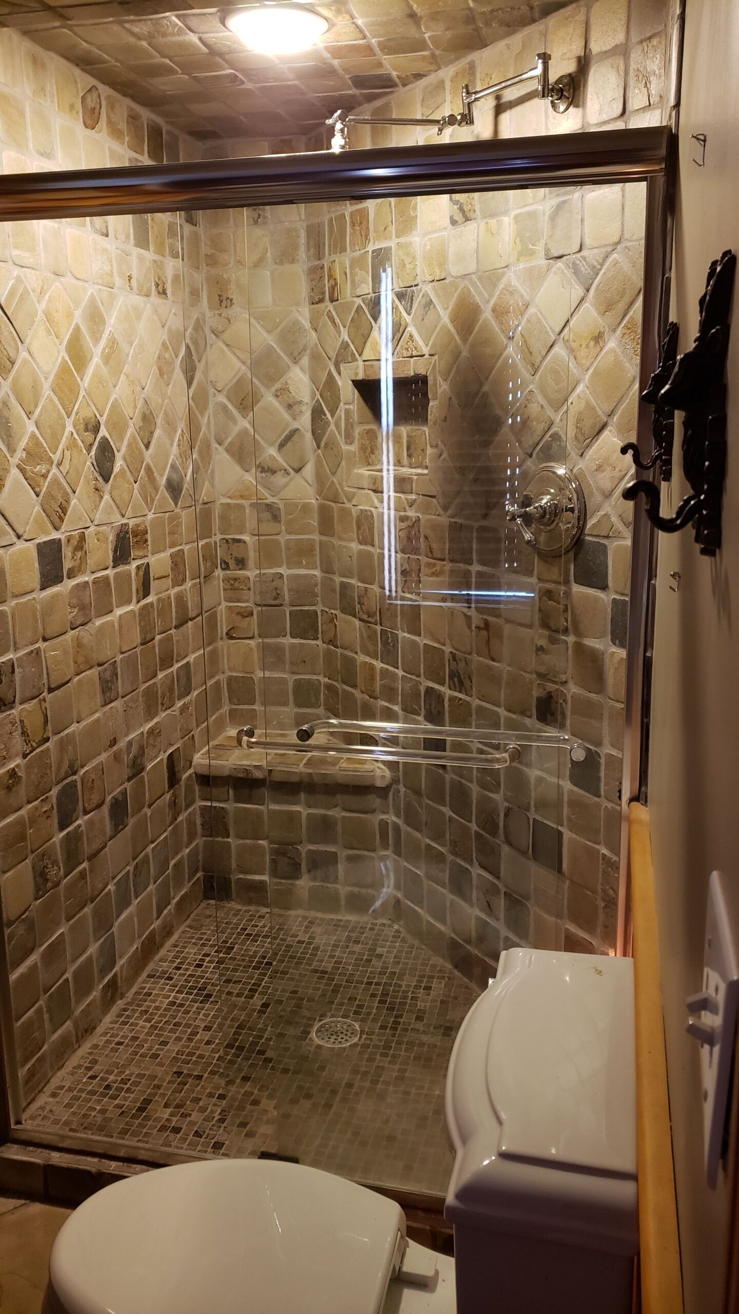 Une salle de bain avec une douche, des murs carrelés et des toilettes.