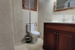 A bathroom with a toilet, a sink, and a mirror.