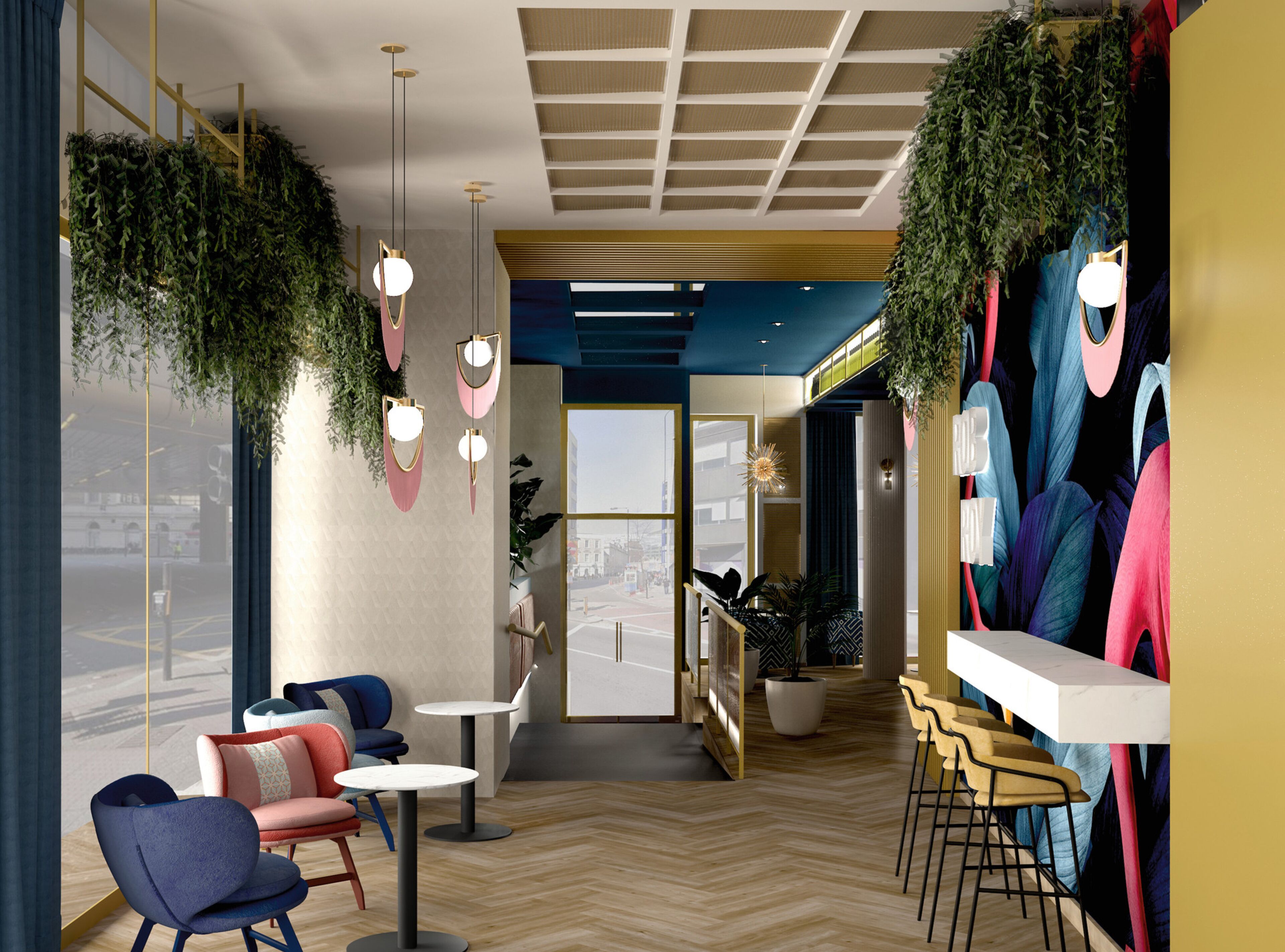 A modern interior with a herringbone wood floor, a bar area with stools, and a seating area with chairs and tables.