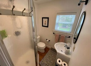 シャワー、ヘアドライヤー、タオル、トイレットペーパー