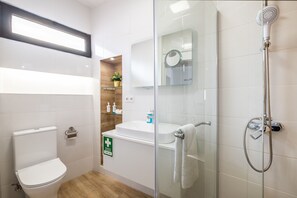 Chuveiro, secador de cabelo, sabonete, shampoo