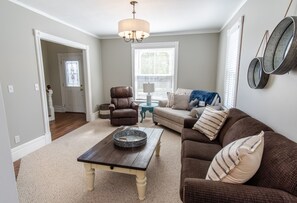 TV, fireplace, books
