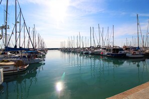 A marina with numerous boats docked in calm waters.