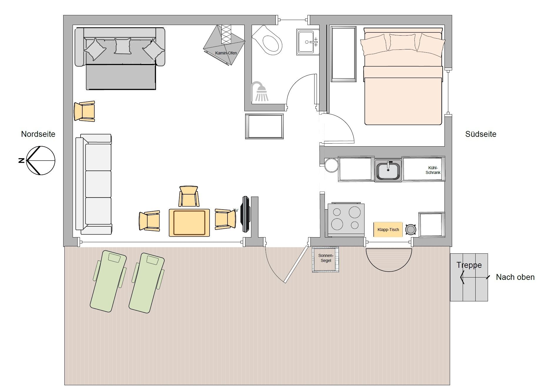 Een plattegrond van een hotelkamer met een bed, een zithoek met televisie, een kitchenette en een badkamer.