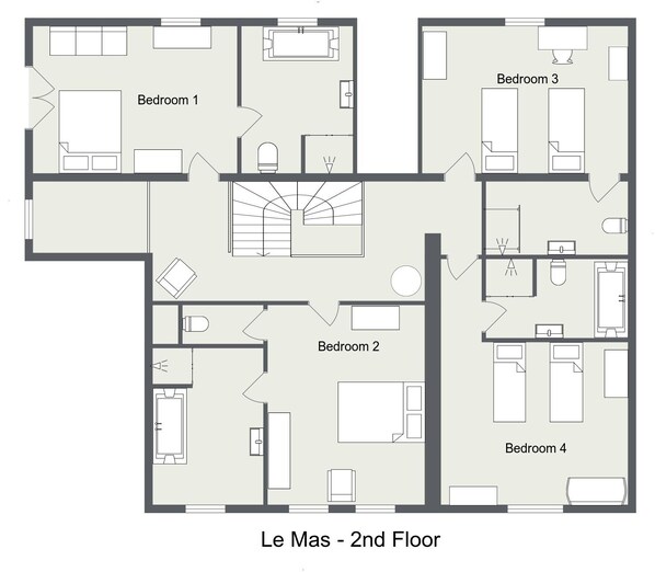 A 2nd floor layout of Le Mas hotel with four bedrooms, a bathroom, and a staircase. - Lo Boix: Le Mas - 5 bed luxury gite with private pool (Saint-Laurent-de-Cerdans)