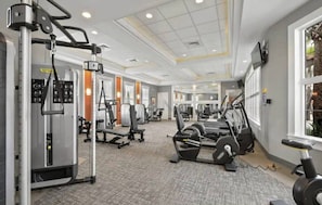 Un gimnasio con diferentes máquinas de ejercicio, un televisor montado en la pared y una ventana con vistas a palmeras.