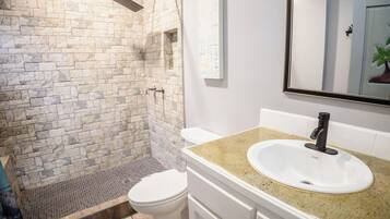 Shower, hair dryer, bidet, towels