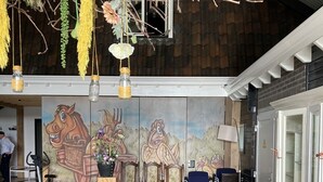 A spacious dining area with a long table, cushioned benches, and a mural of animals on the wall. - Group accommodation 32 pers, near Efteling and Beekse Bergen (Haghorst)