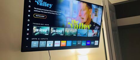 A flat-screen TV mounted on a wall displaying a streaming service interface with 'The Valley' prominently featured.