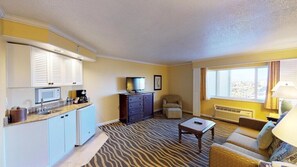 A compact living space with a kitchenette, a sofa, a television, and a window with curtains.
