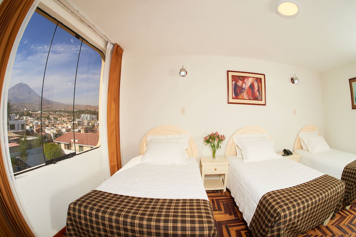 A hotel room with two beds, a large window with a view of a city and a mountain, and a small table with a vase of flowers.