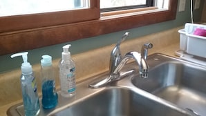 A stainless steel kitchen sink with a window above it. - "Almost Heaven" Palmer Lake, CO (#STR0419522) (Palmer Lake)